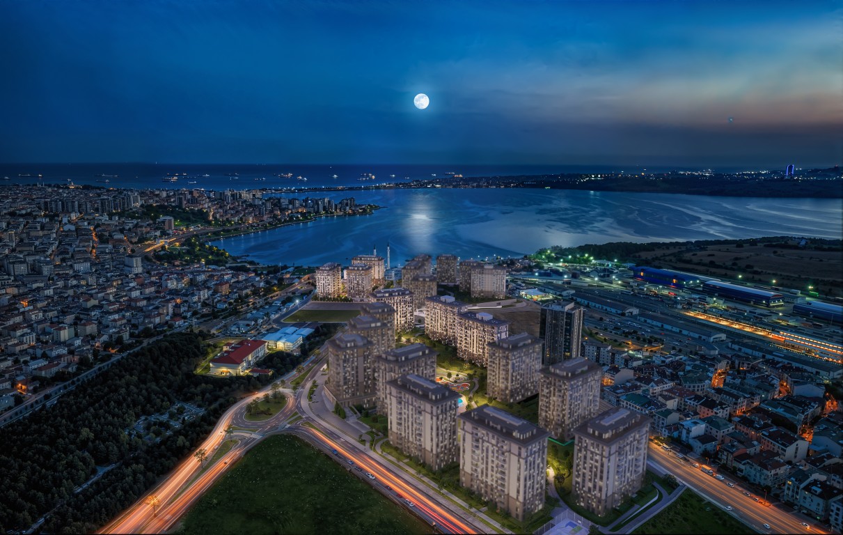 Family-friendly green space in Küçükçekmece residential complex Istanbul|||Outdoor pool and social facilities in Istanbul lake view apartments