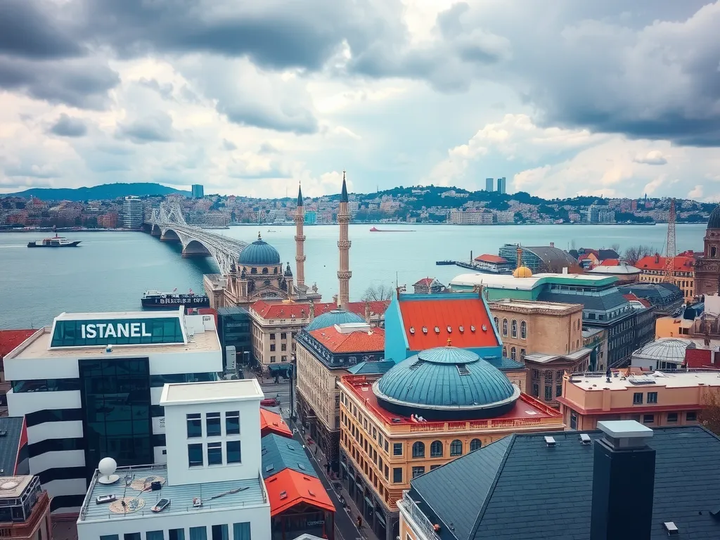 Aerial view of Istanbul skyline with modern architecture and a bustling urban scene, photorealistic, high quality, vibrant city atmosphere