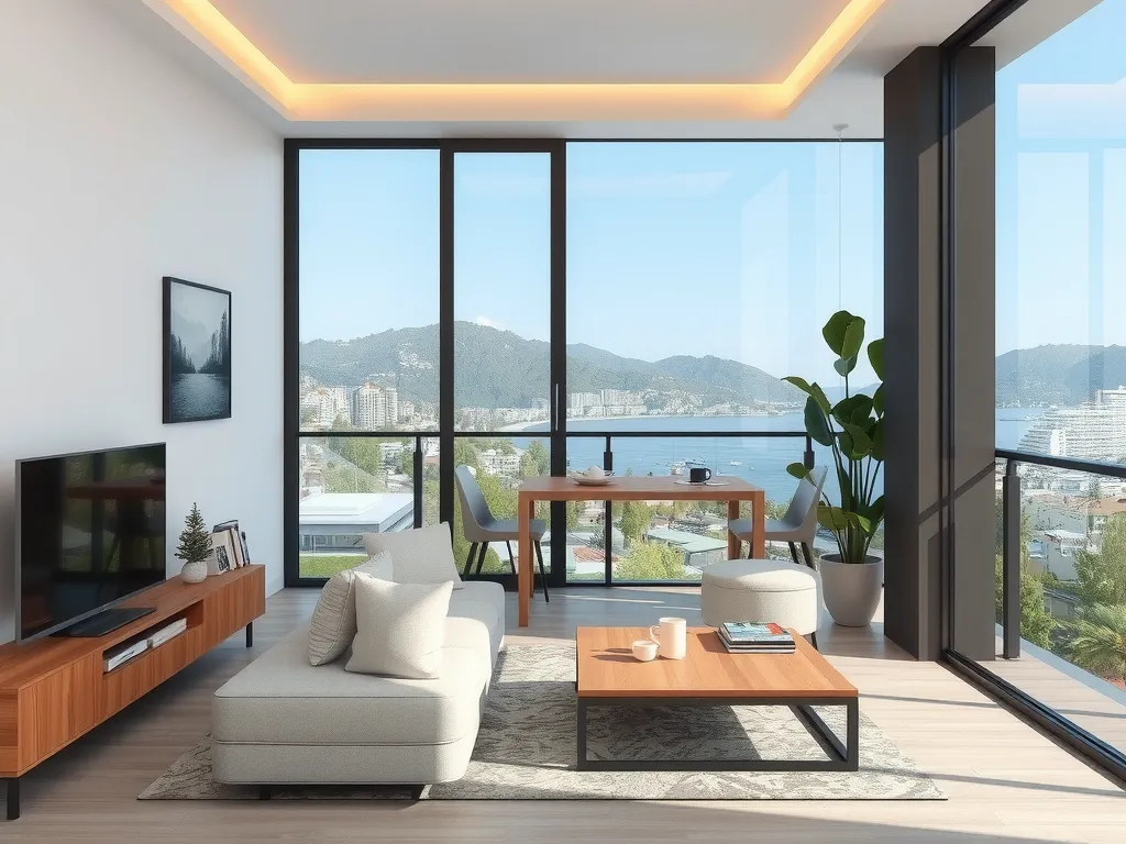 Affordable high-quality living spaces in Beylikdüzü with sea views and modern amenities, photorealistic