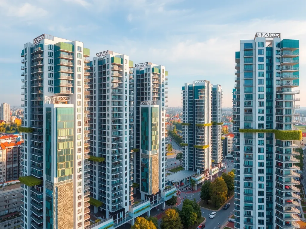 Contemporary high-rise buildings in Başakşehir with green spaces and urban infrastructure, photorealistic