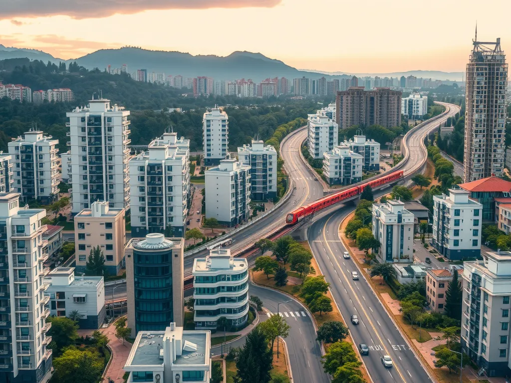 Developing area of Sancaktepe with new metro lines and modern residential developments, photorealistic