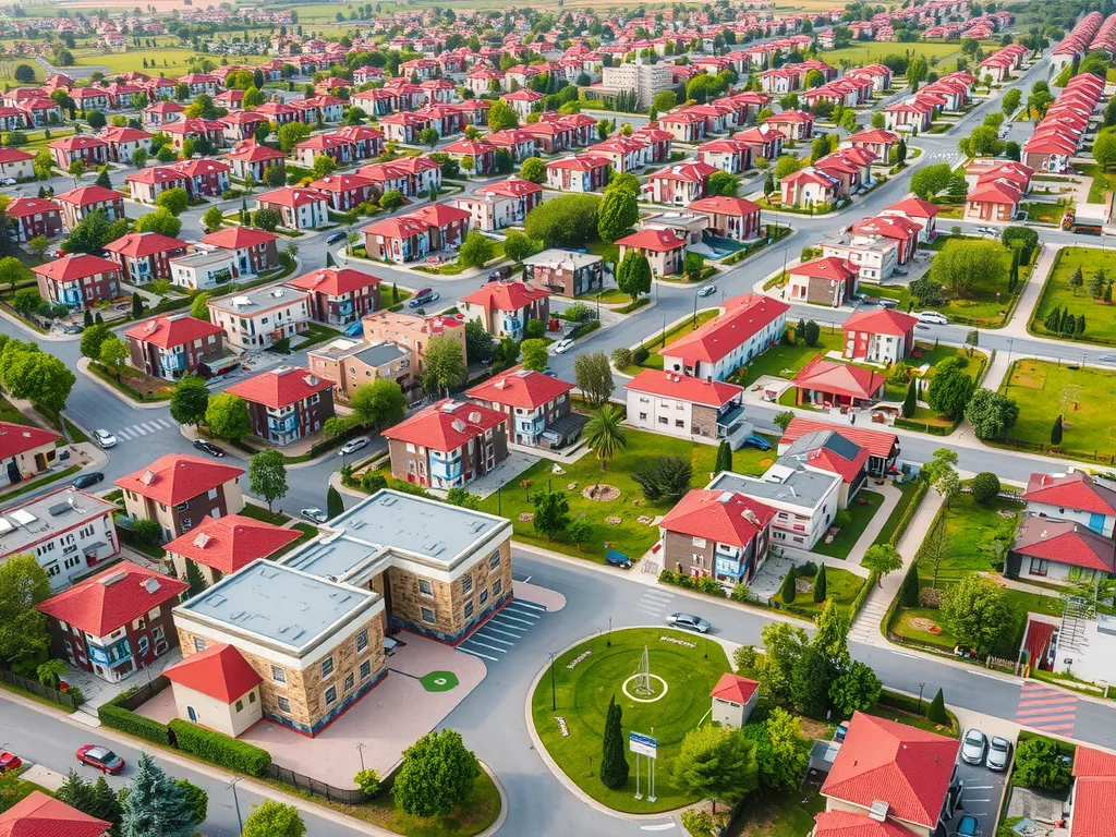 Family-friendly residential area in Küçükçekmece with schools and hospitals visible, photorealistic, well-planned urban layout
