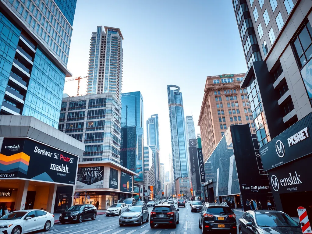 Financial district of Maslak with modern office towers and commercial buildings, photorealistic, bustling business environment