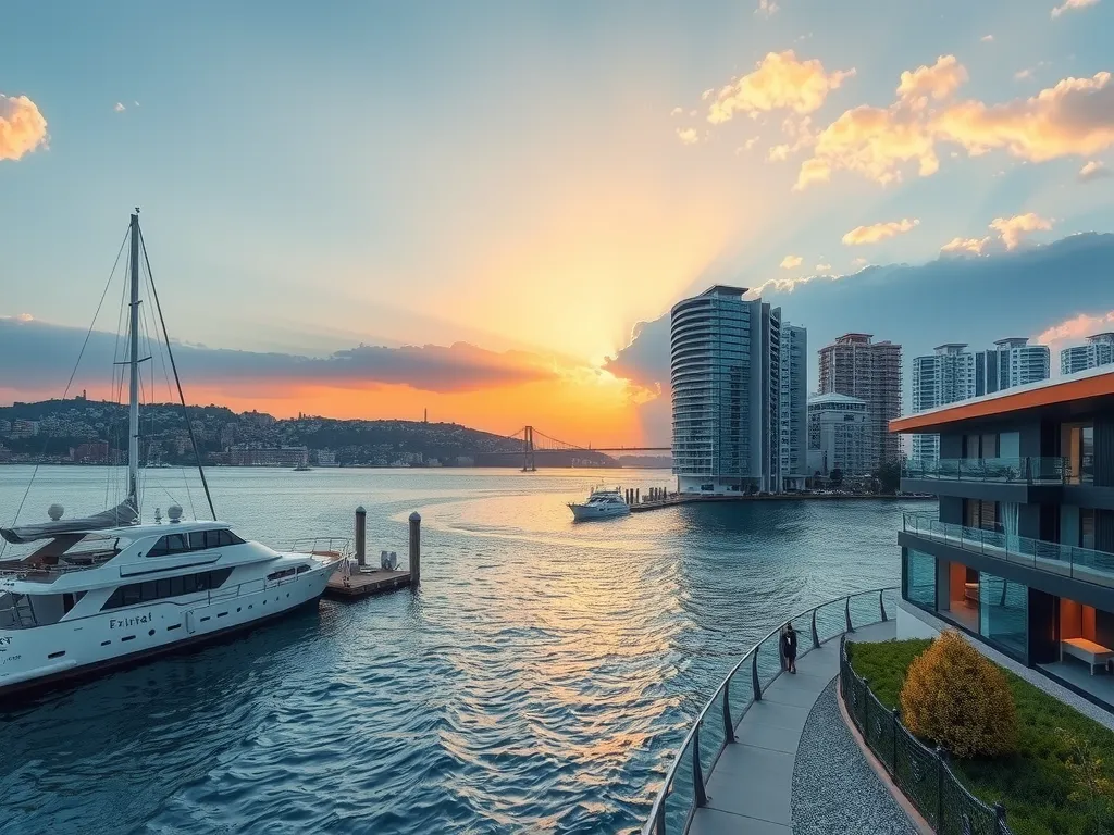 Luxury waterfront living in Zeytinburnu with views of the Bosphorus, photorealistic, high quality urban life