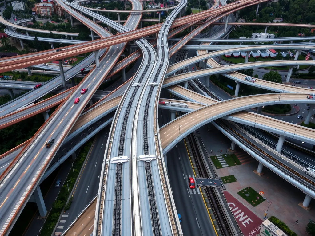 Modern transportation network in Kagithane district, including metro lines and highways, seen from a high angle, high quality