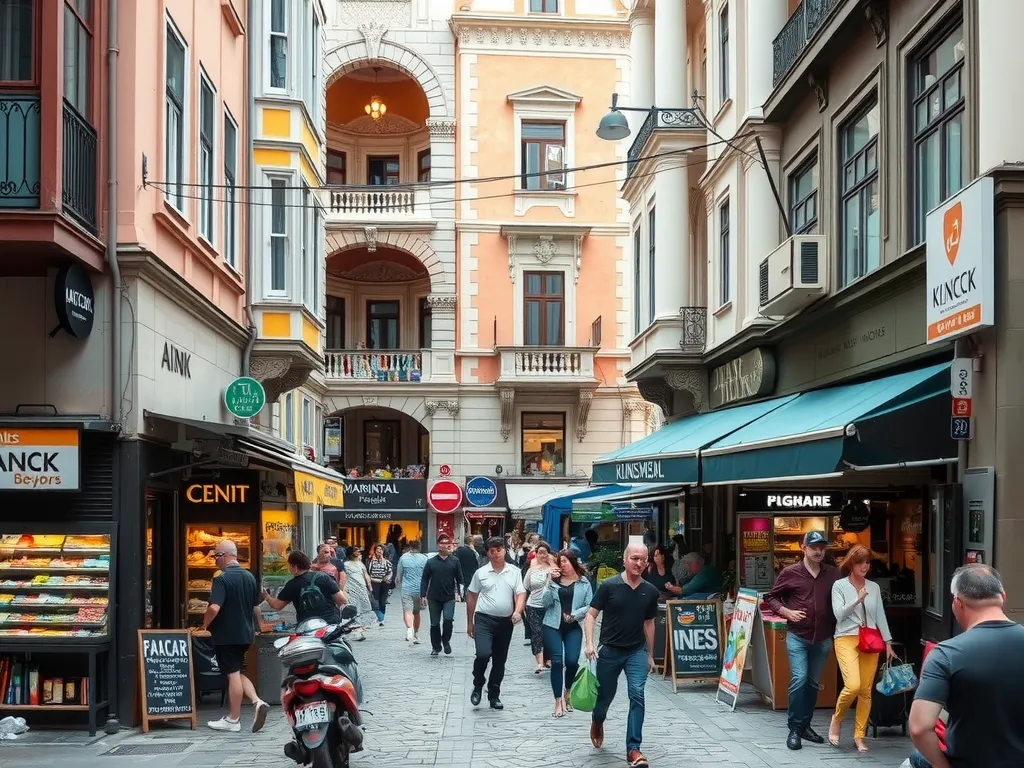 Bustling urban area in Istanbul, street life and commercial spaces, photorealistic, depicting vibrant economic activity