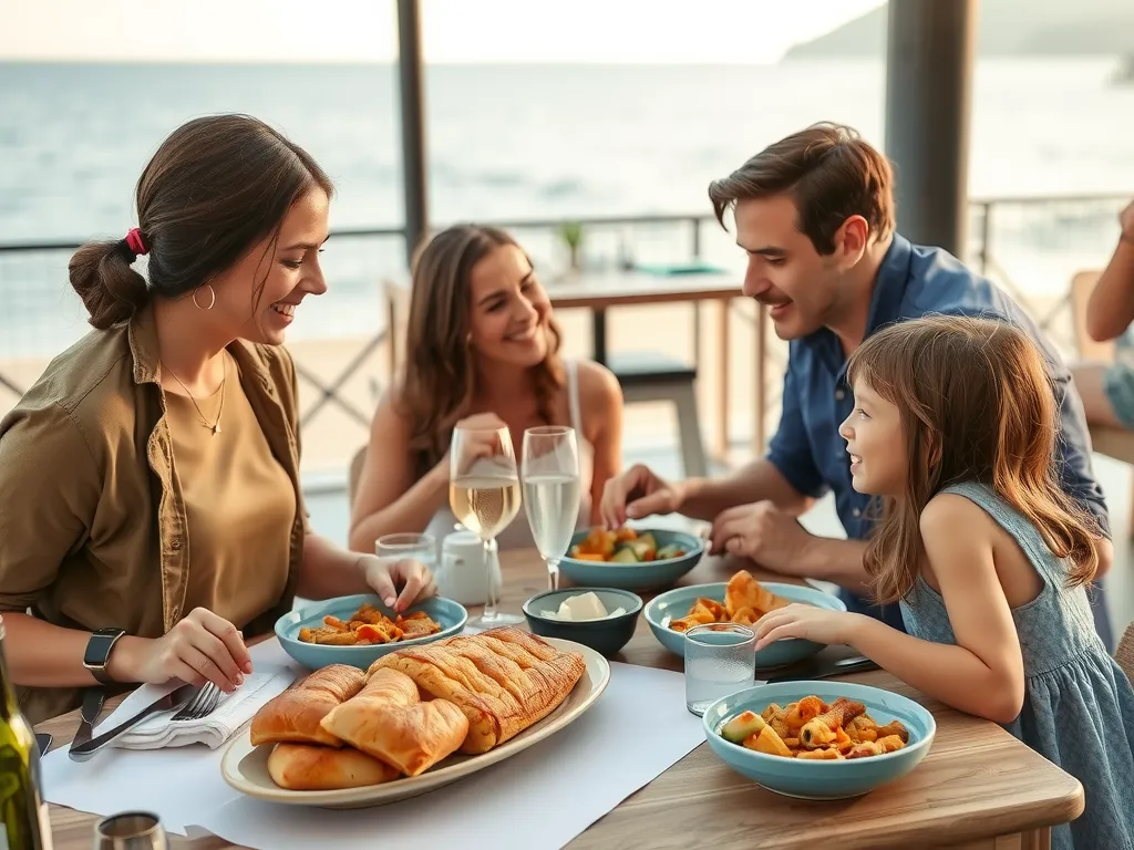 Family enjoying Turkish cuisine at a seaside restaurant, capturing lifestyle benefits, warm and inviting scene