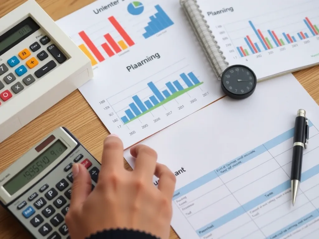 Financial planning scene with graphs, calculators, documents, and a notary setting, showcasing financial and legal diligence