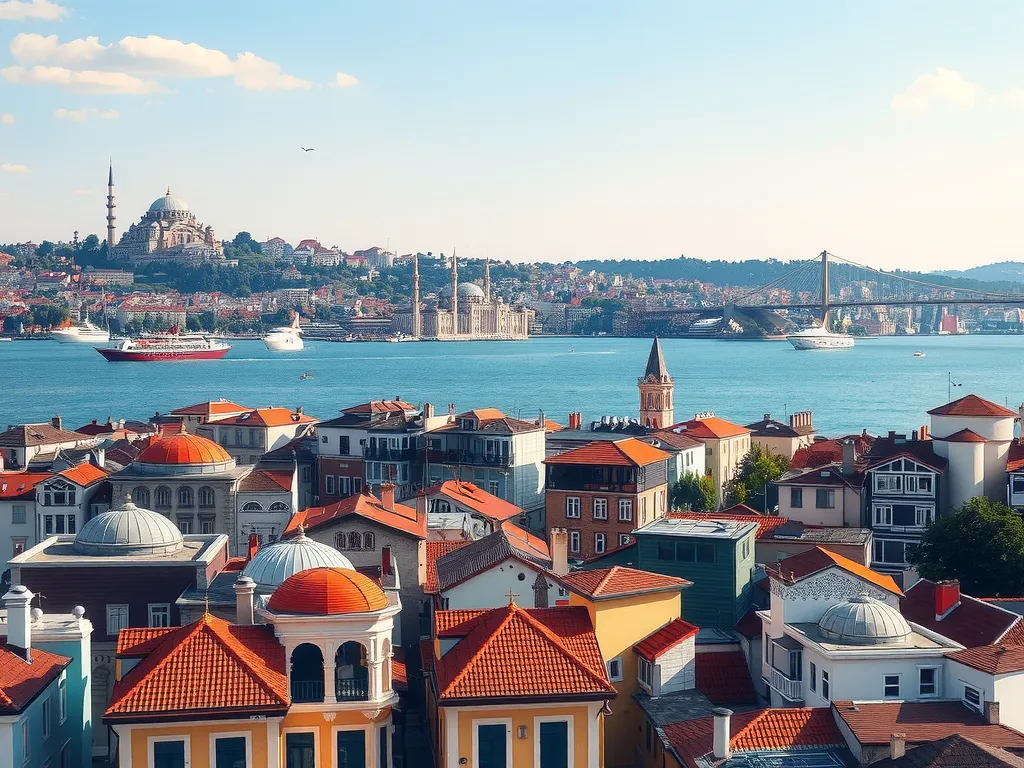 Istanbul cityscape featuring the Bosphorus and iconic landmarks, photorealistic, vibrant city life, cultural richness