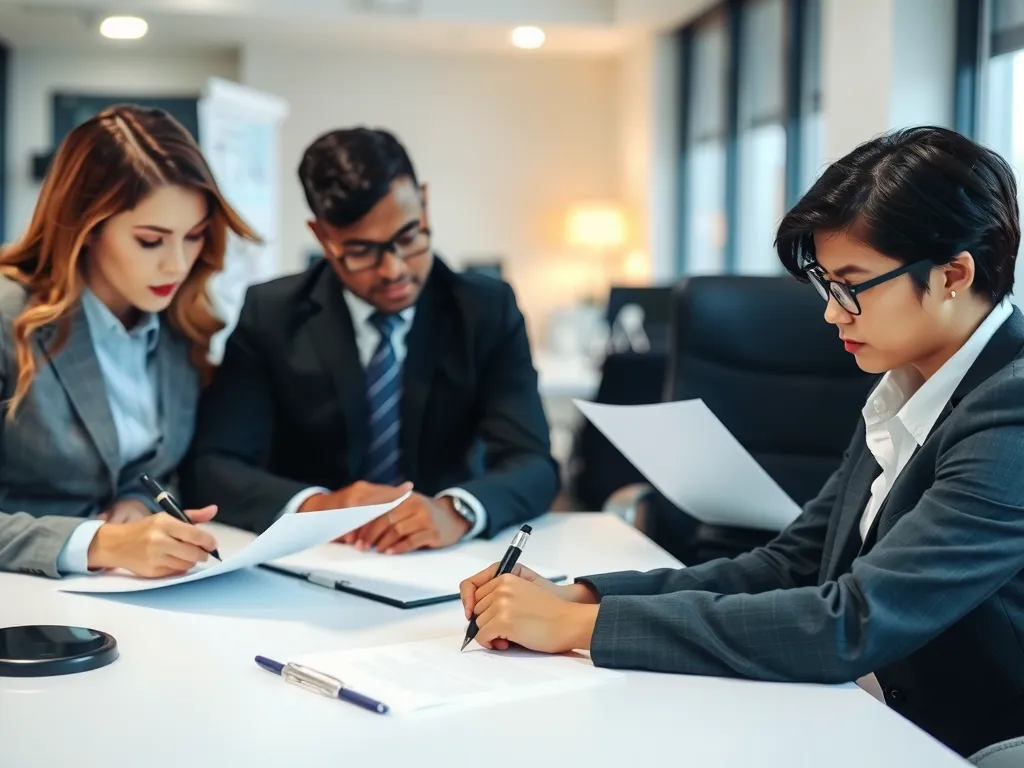 Professional legal consultation environment, showing people reviewing documents and signing papers, clean office setting