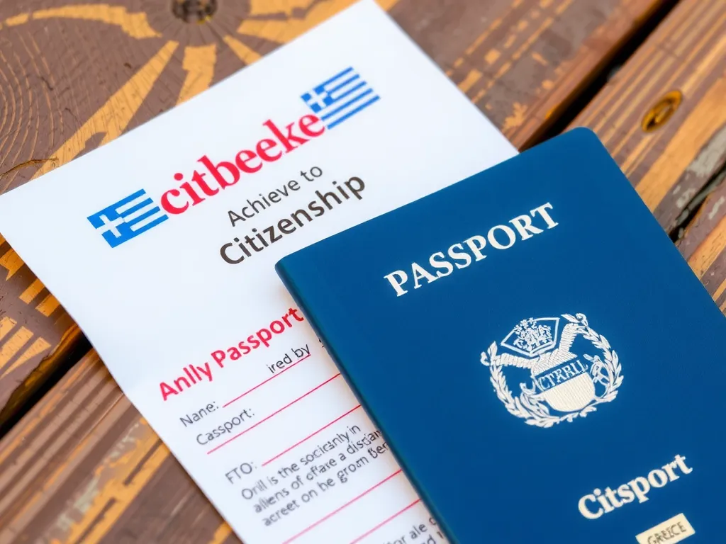 Close-up of Greek passport and citizenship documents on a rustic table, symbolic of achieving citizenship, high detail, natural lighting