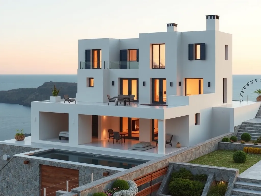 Elegant villa in Greek islands like Santorini with sea view, luxury, photorealistic, detailed architecture, warm lighting