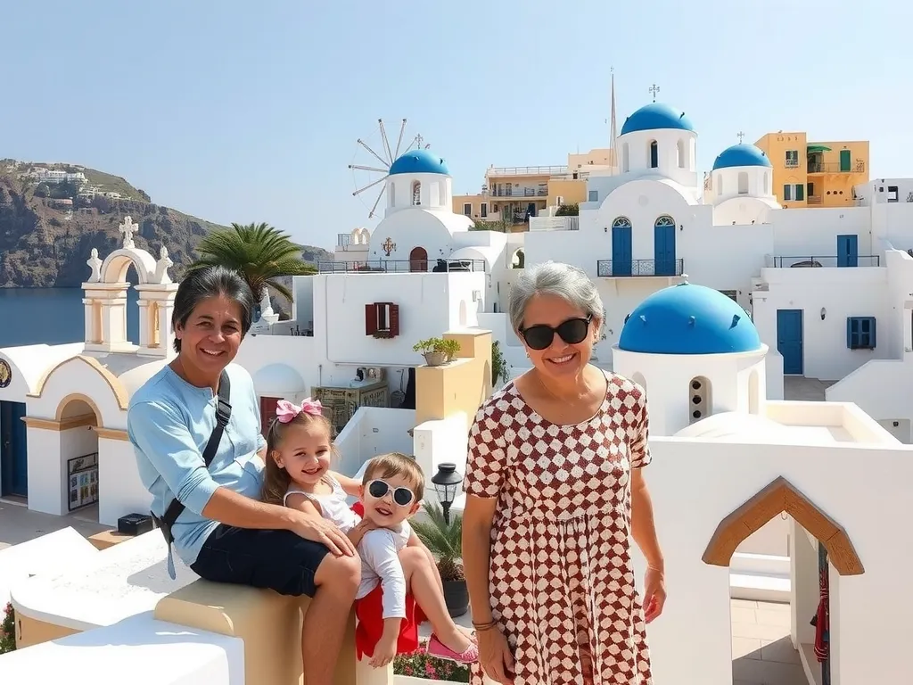 Family enjoying a picturesque Greek village with traditional white buildings and blue roofs, photorealistic, vibrant colors, professional photography