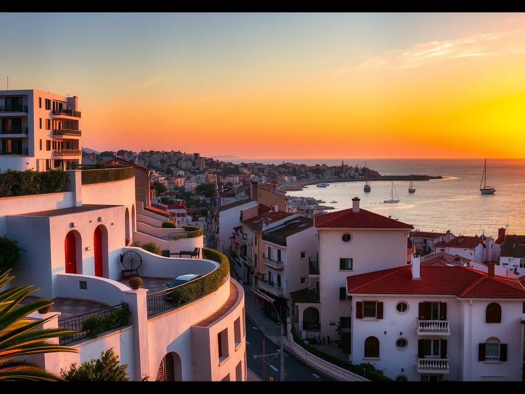 Mediterranean cityscape at sunset, modern architecture, vibrant colors, sea view, symbolizing prosperous investment opportunities and high-quality life, photorealistic, high resolution, professional photography style