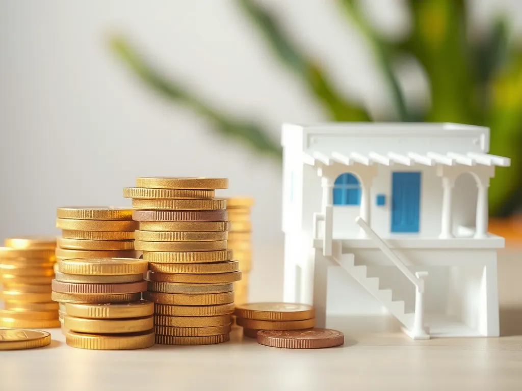 Stack of gold coins next to Greek Mediterranean property model, representing investment costs, coins sparkling in light, high resolution, photorealistic