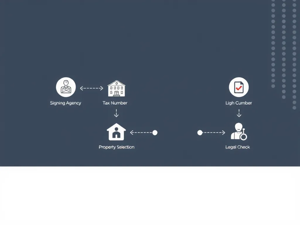 Professional workflow chart with icons representing steps like signing agency, tax number, property selection, legal check, in a minimalistic style, high quality