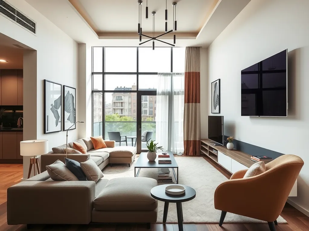 Luxury modern apartment interior in Istanbul, featuring contemporary design, high-quality finishes, spacious living area, sunlight through large windows